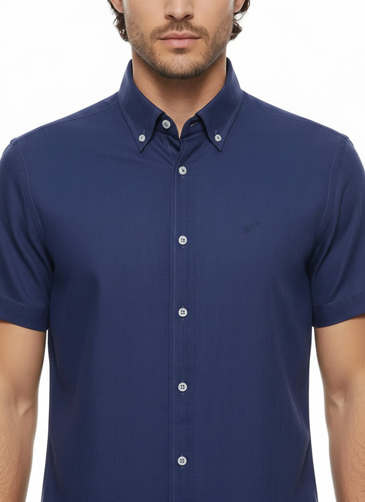 Keten Karışımı Kısa Kollu Lacivert Erkek Gömlek - Wessi