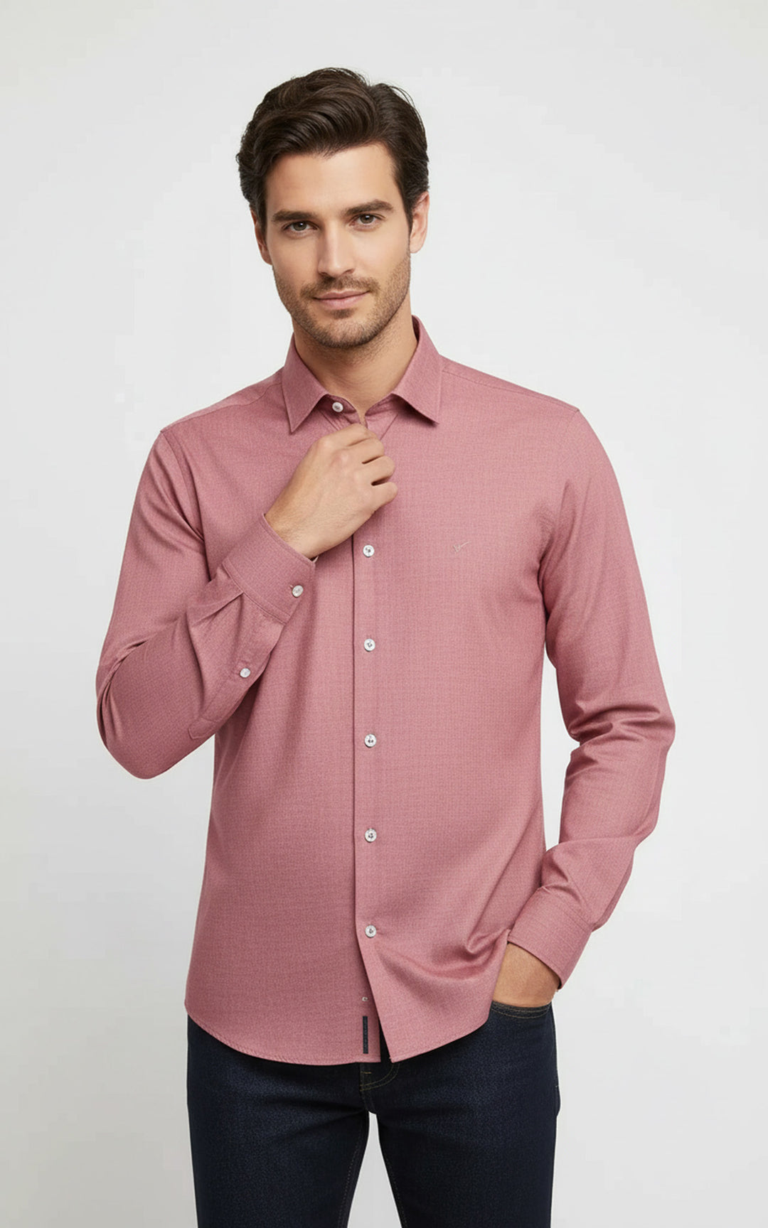 Plain Slim Fit Long Sleeves Salmon Color Men Shirt - Wessi