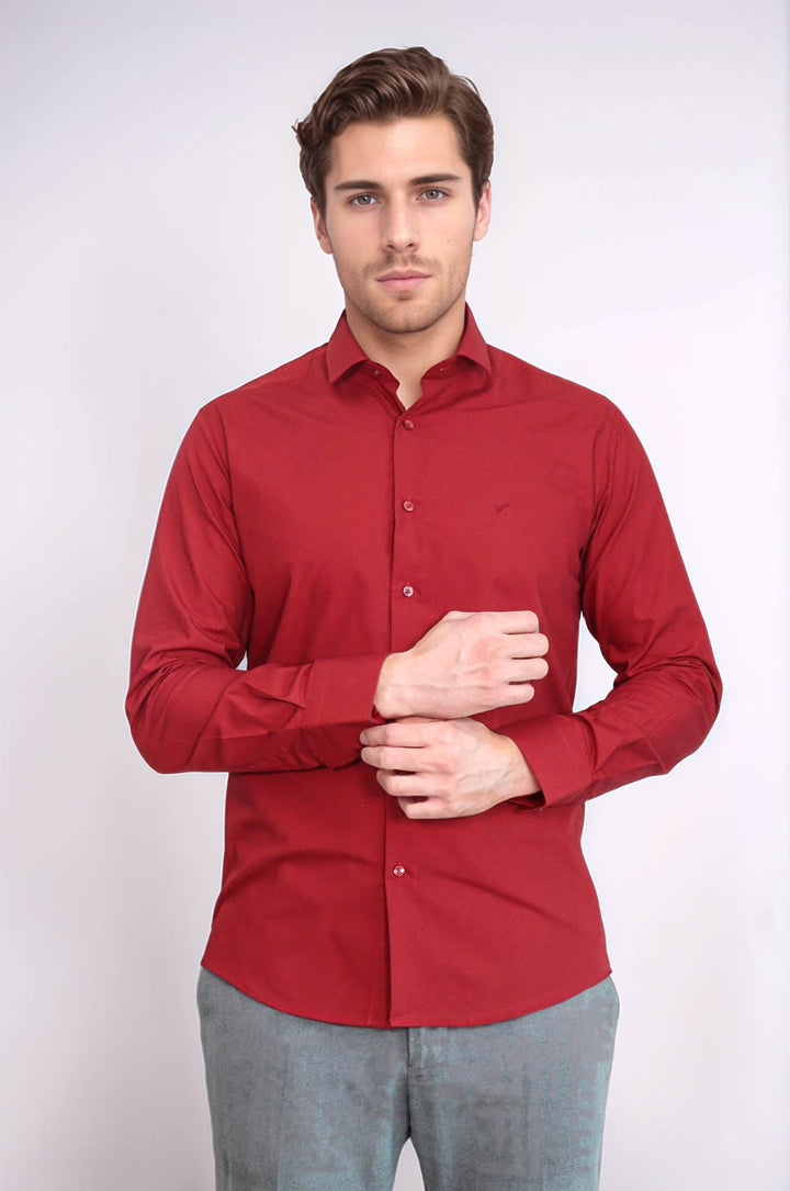 Plain Slim Fit Claret Red Men Shirt - Wessi