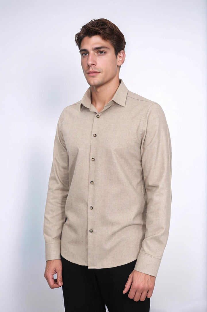 Slim Fit Cotton Plain Beige Men Lumberjack Shirt - Wessi