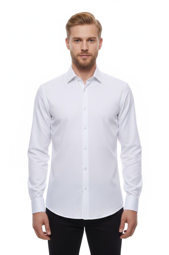 Oxford Patterned Long Sleeves Slim Fit White Men Shirt - Wessi