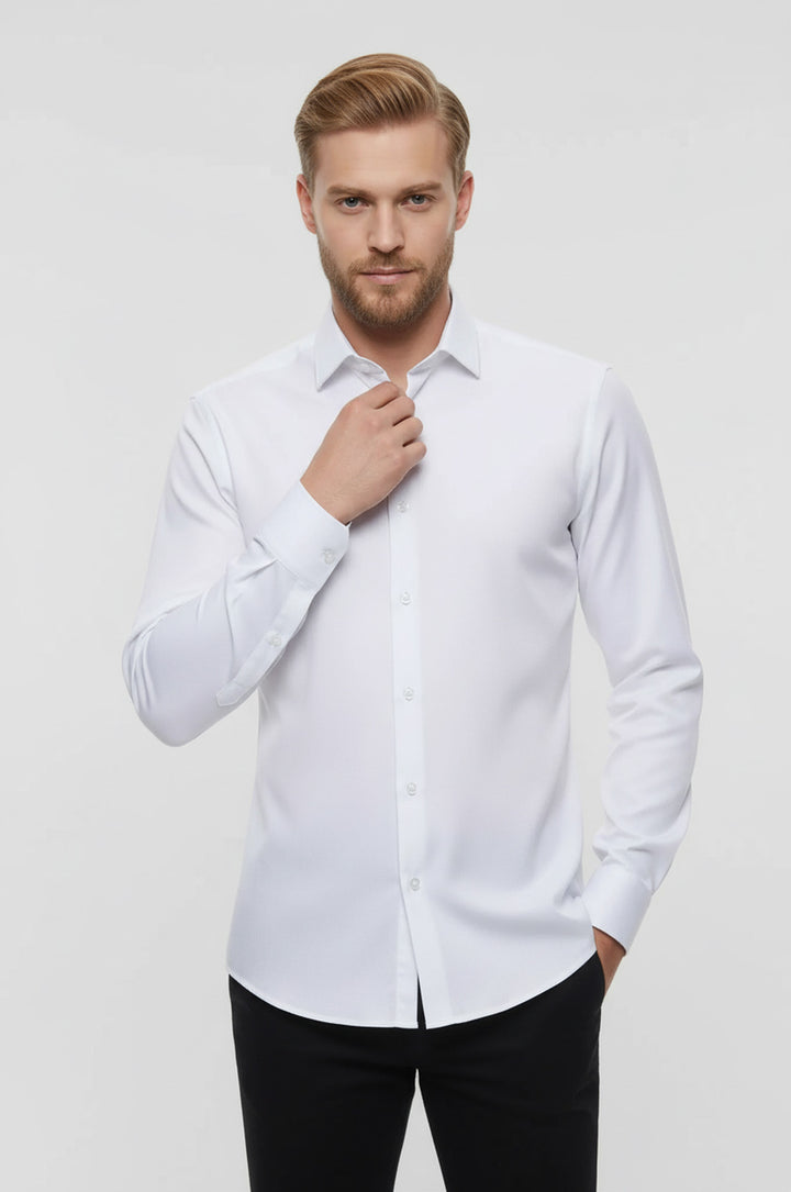 Oxford Patterned Long Sleeves Slim Fit White Men Shirt - Wessi