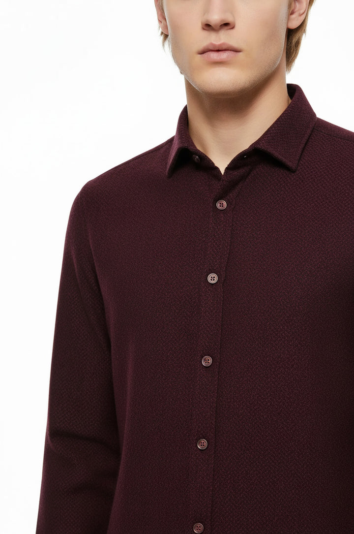 Herringbone Patterned Dark Burgundy Men Lumberjack Shirt - Wessi
