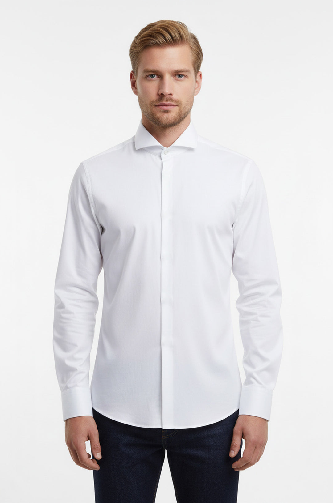 White Plain Stand Collar Formal Tuxedo Shirt - Wessi