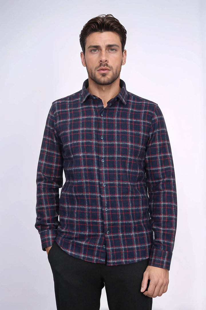 Thick Patterned Navy Blue Men Lumberjack Shirt - Wessi