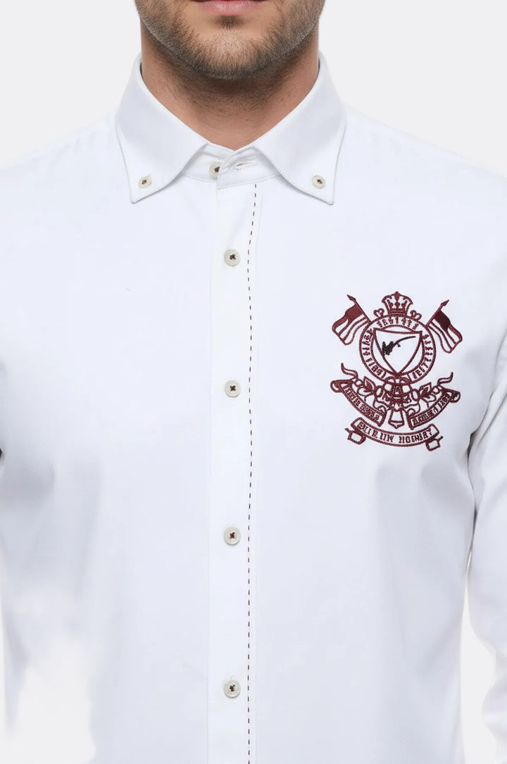 Burgundy Embroidery Pattern Long Sleeves White Men Shirt - Wessi
