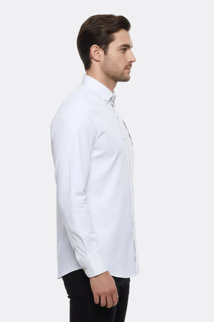 Burgundy Embroidery Pattern Long Sleeves White Men Shirt - Wessi