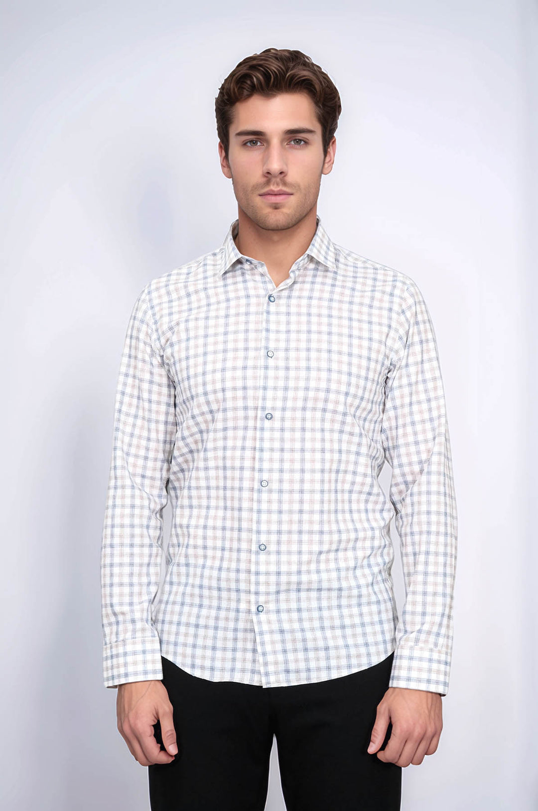Camisa de cuadros entallada color crema para hombre - Wessi