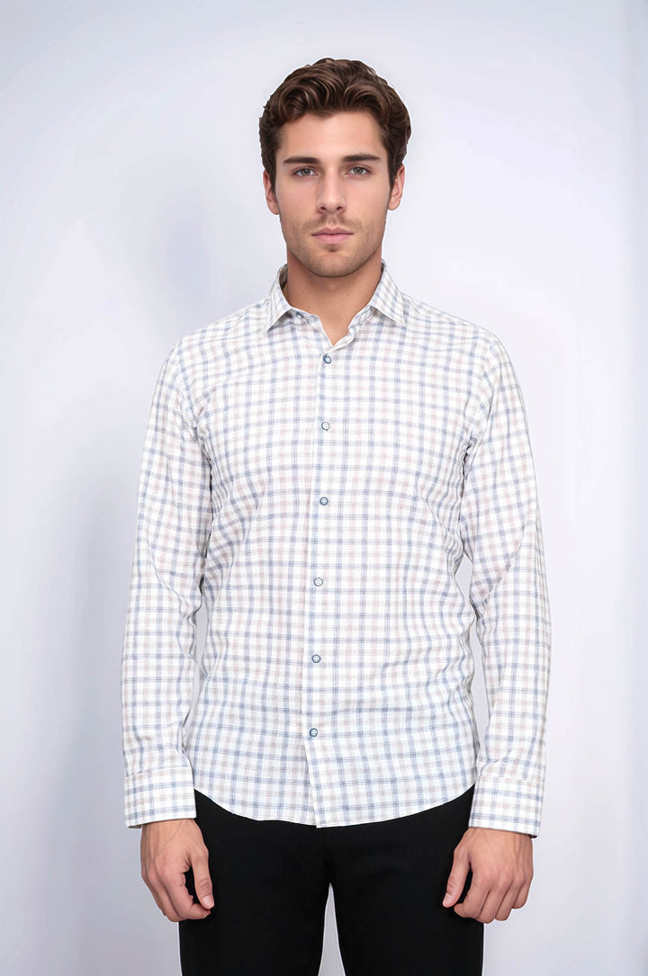 Camisa de cuadros entallada color crema para hombre - Wessi