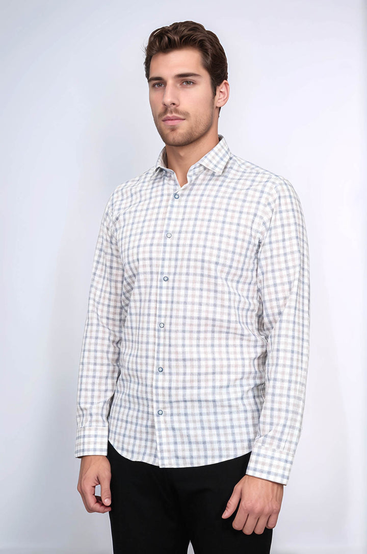 Camisa de cuadros entallada color crema para hombre - Wessi