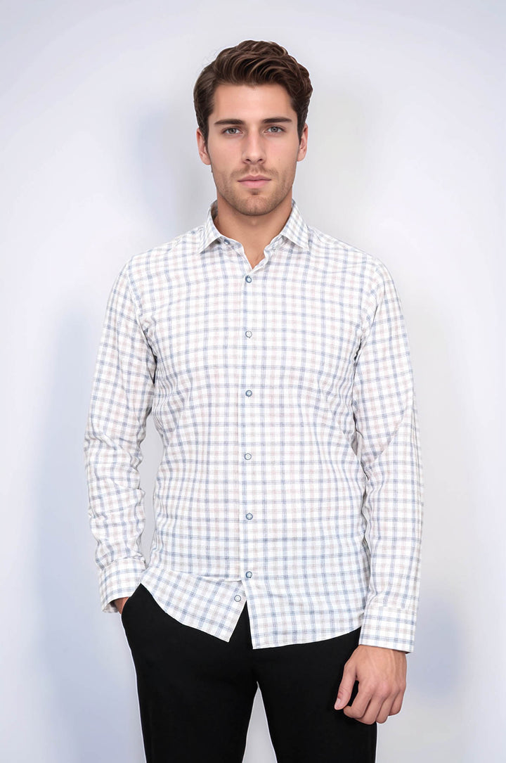 Camisa de cuadros entallada color crema para hombre - Wessi