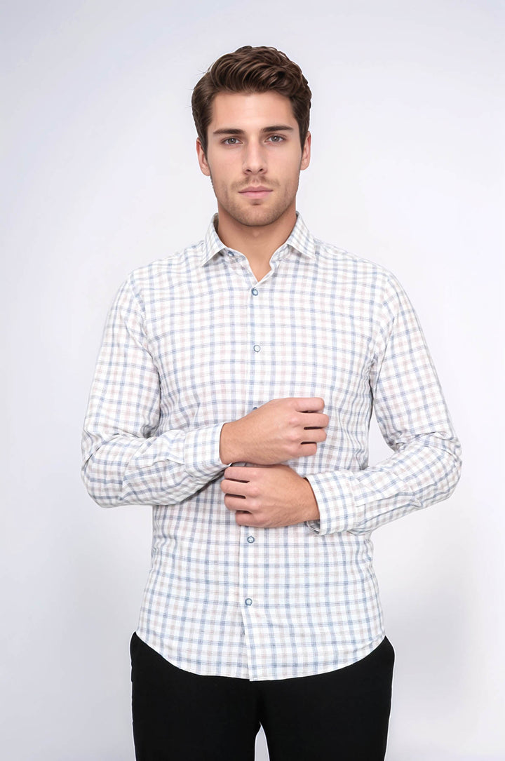 Camisa de cuadros entallada color crema para hombre - Wessi
