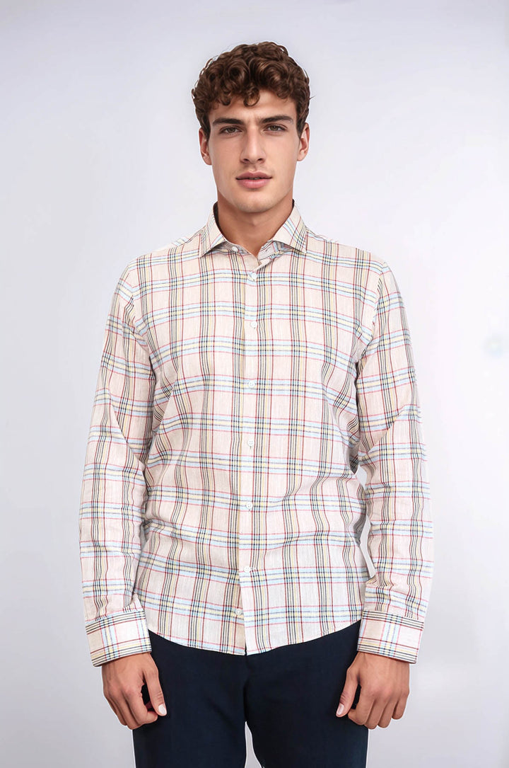 Camisa de cuadros beige de corte entallado | Wessi - Wessi