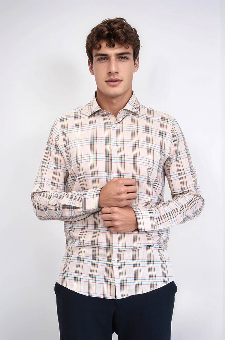 Camisa de cuadros beige de corte entallado | Wessi - Wessi