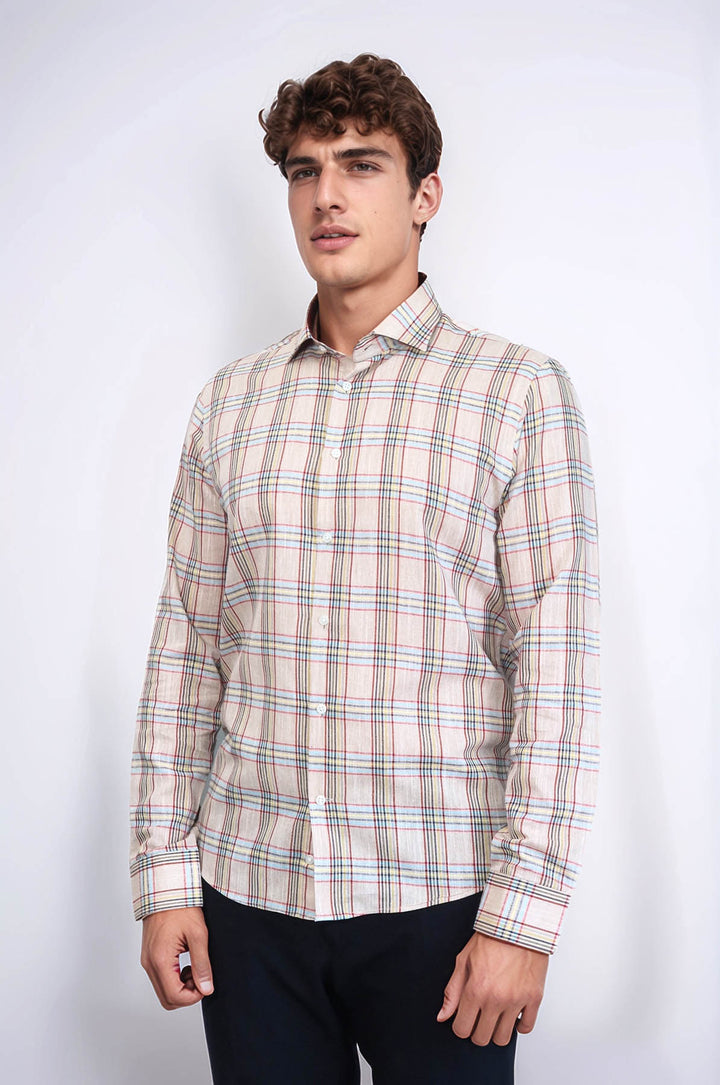 Camisa de cuadros beige de corte entallado | Wessi - Wessi