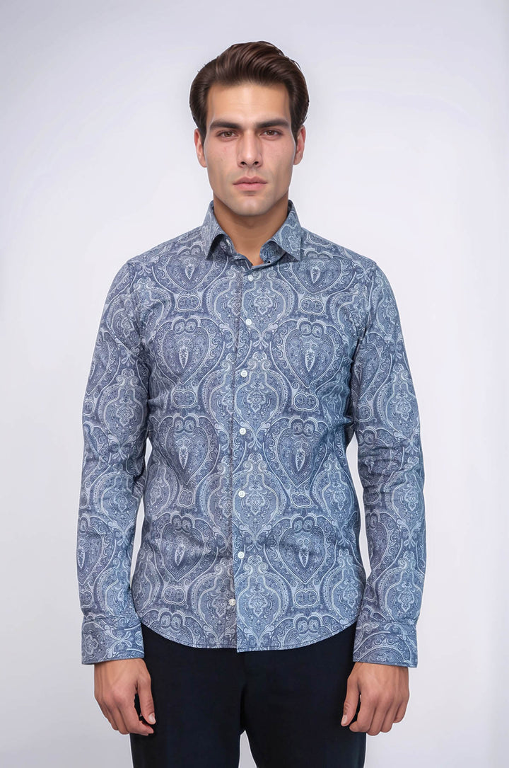 Blue Patterned Slim Fit Men's Shirt - Wessi