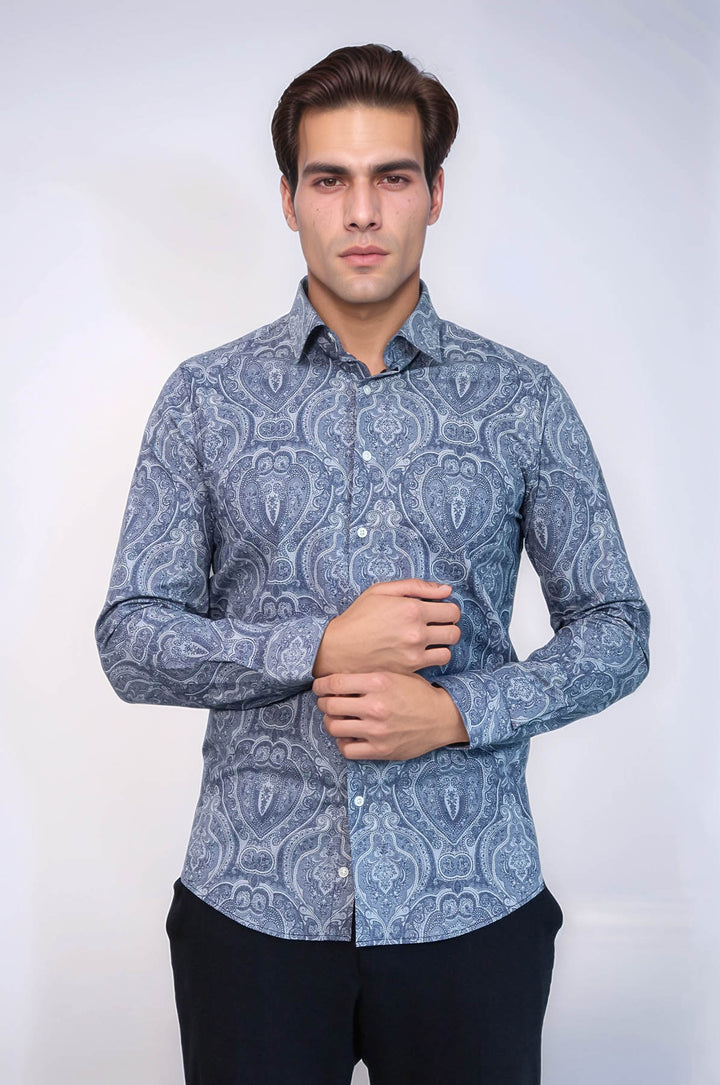 Blue Patterned Slim Fit Men's Shirt - Wessi