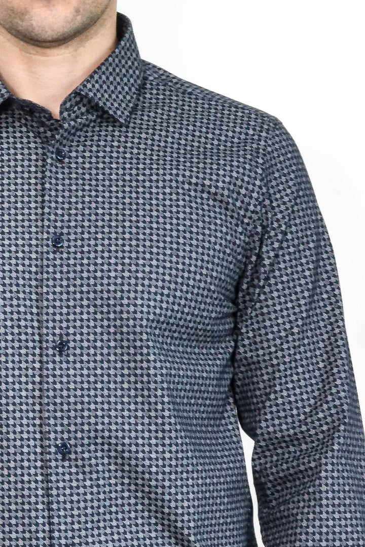 Damask Pattern Slim Fit Long Sleeves Blue Men Shirt - Wessi