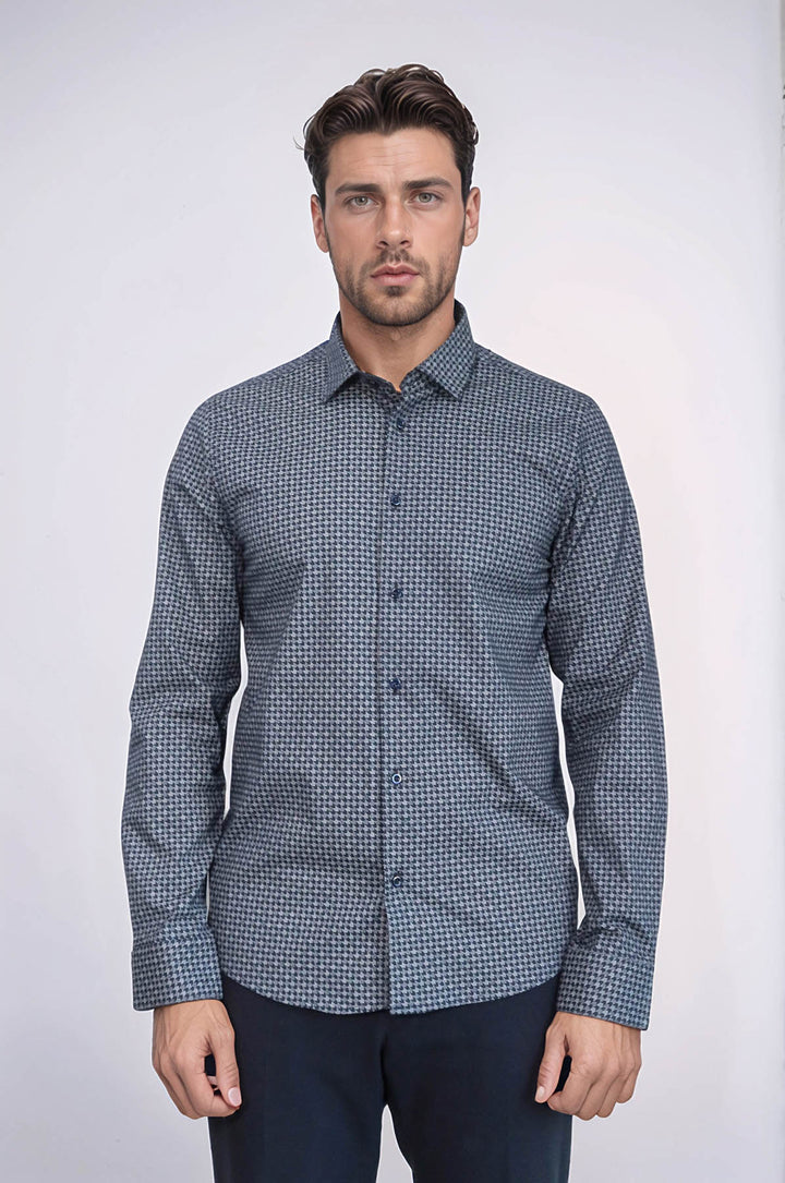 Damask Pattern Slim Fit Long Sleeves Blue Men Shirt - Wessi