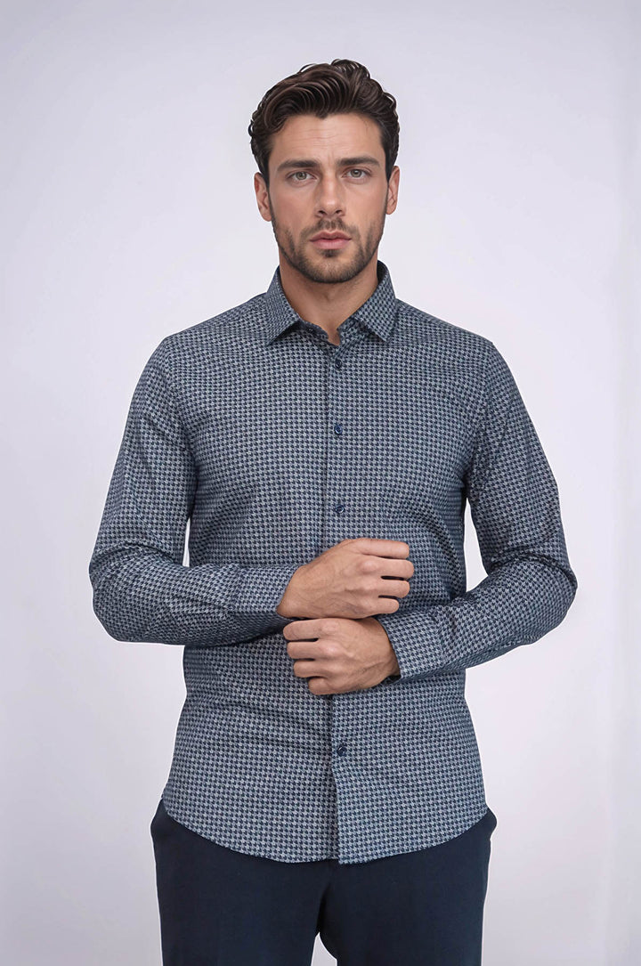 Damask Pattern Slim Fit Long Sleeves Blue Men Shirt - Wessi