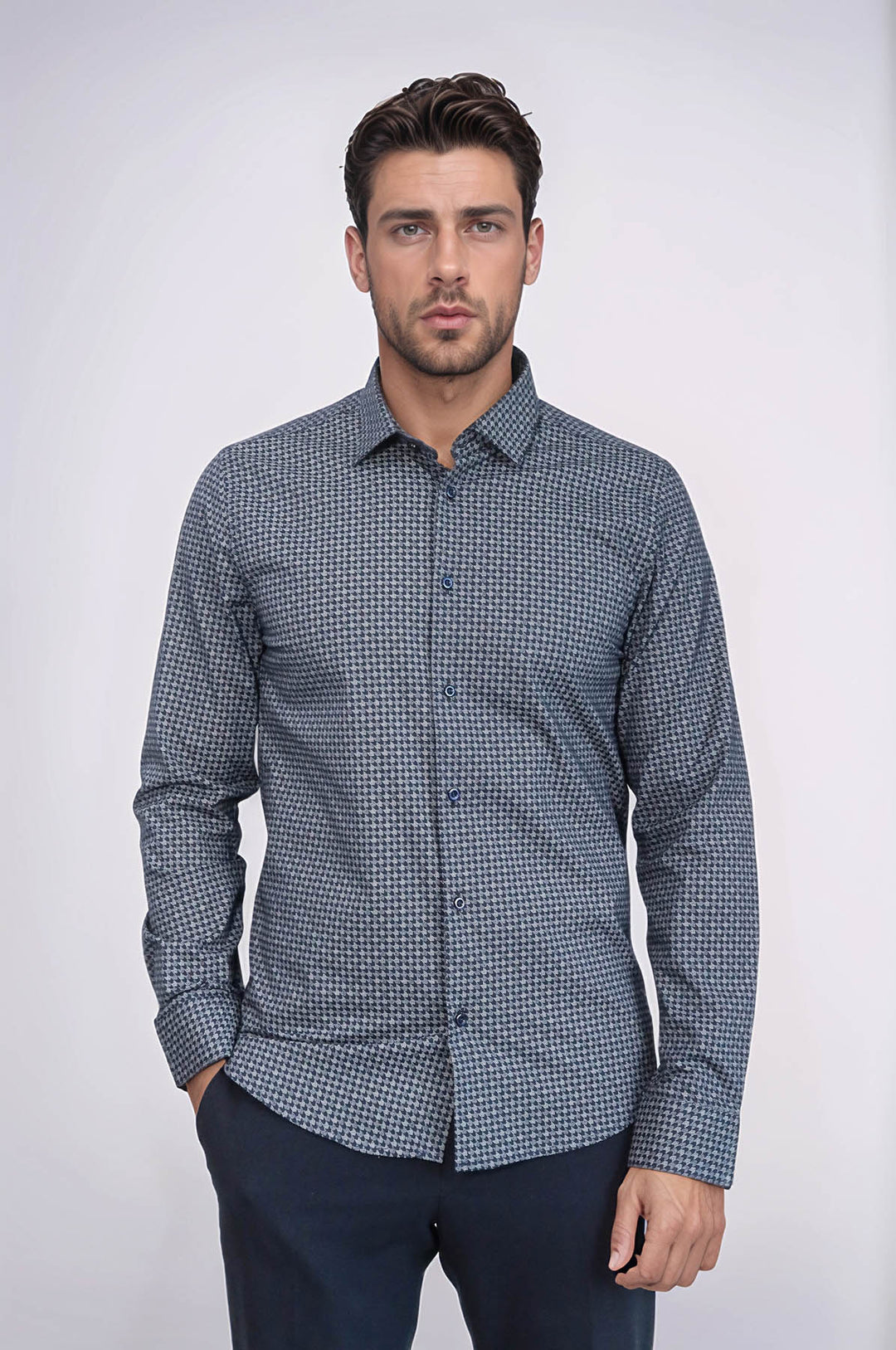 Damask Pattern Slim Fit Long Sleeves Blue Men Shirt - Wessi