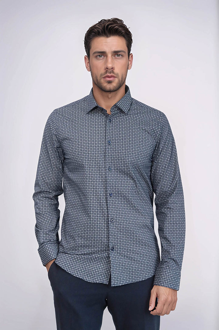 Damask Pattern Slim Fit Long Sleeves Blue Men Shirt - Wessi