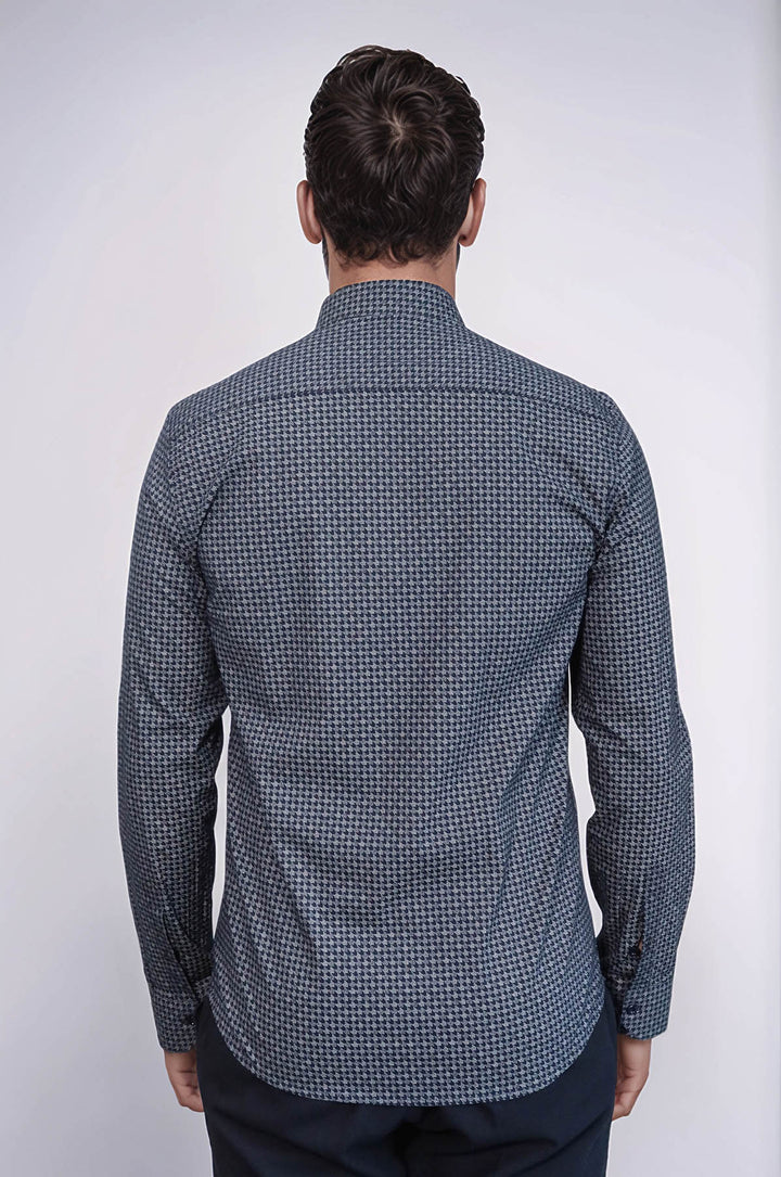 Damask Pattern Slim Fit Long Sleeves Blue Men Shirt - Wessi