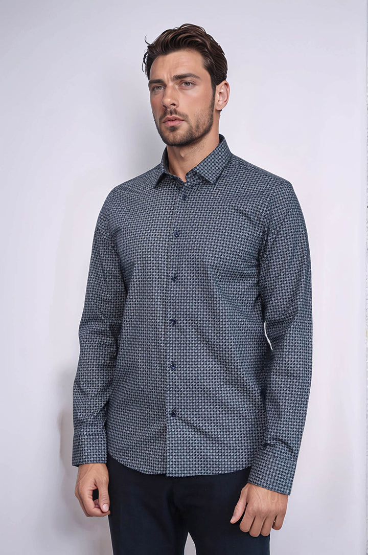 Damask Pattern Slim Fit Long Sleeves Blue Men Shirt - Wessi