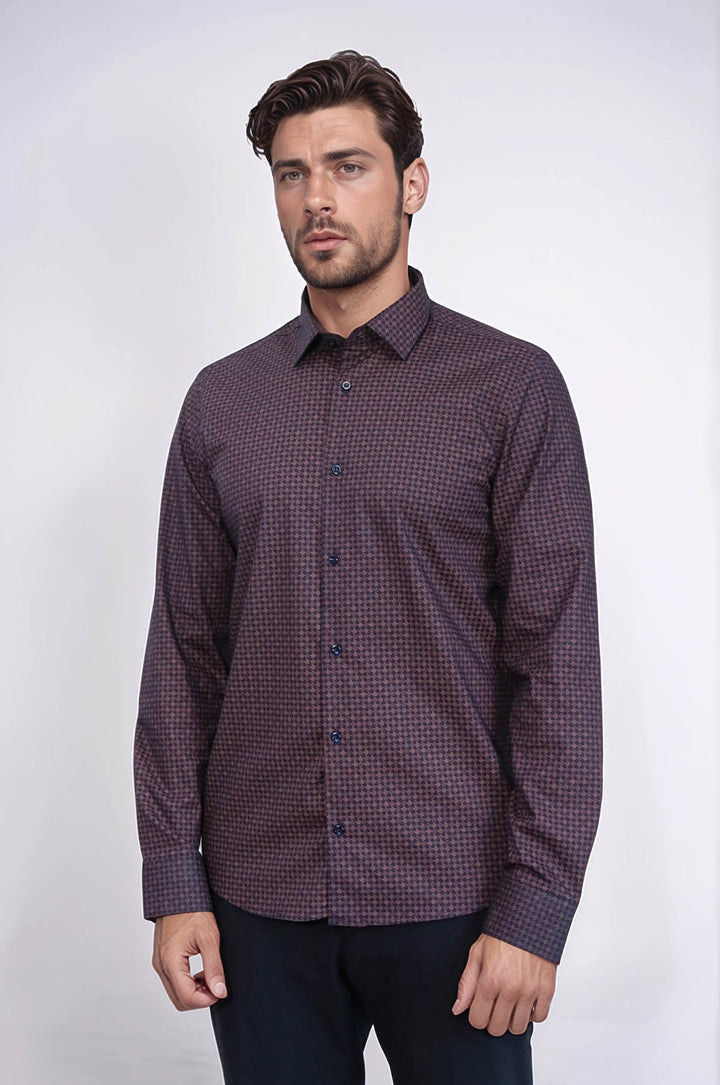 Camisa de hombre entallada en color marrón con estampado de pata de gallo - Wessi