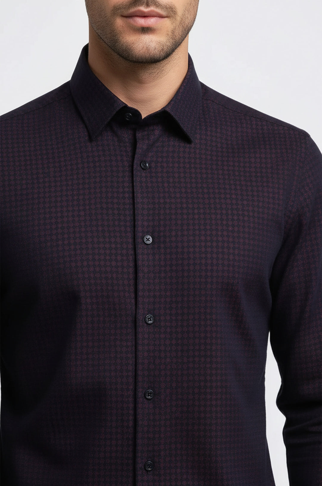 Houndstooth Pattern Slim Fit Burgundy Men Shirt - Wessi