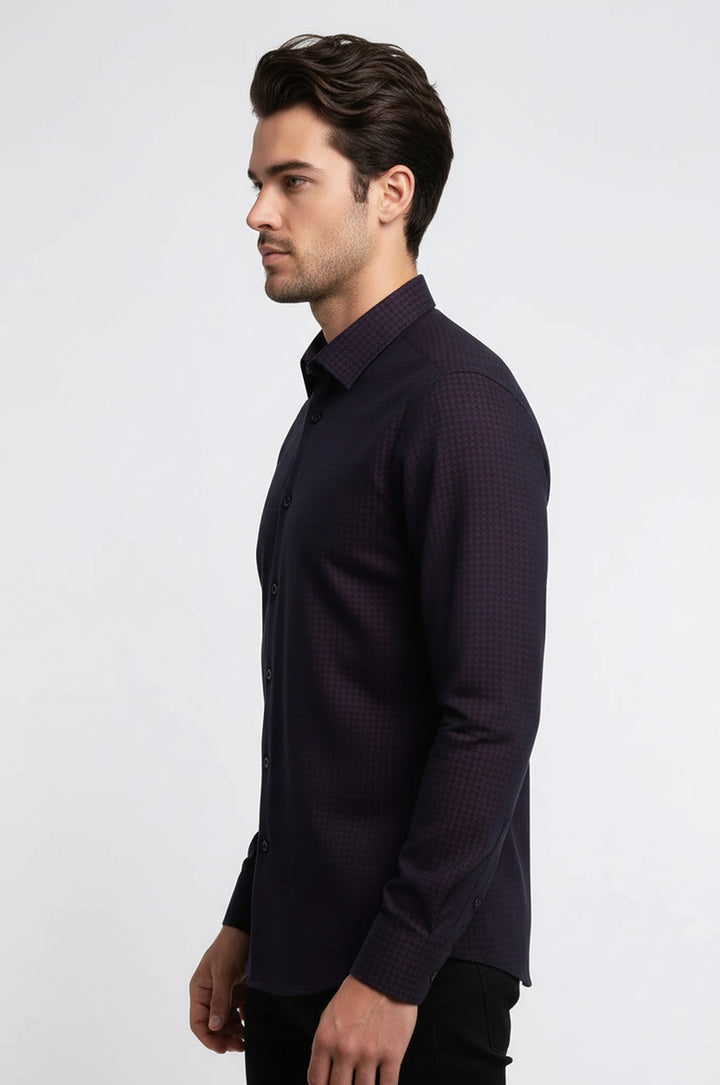 Houndstooth Pattern Slim Fit Burgundy Men Shirt - Wessi