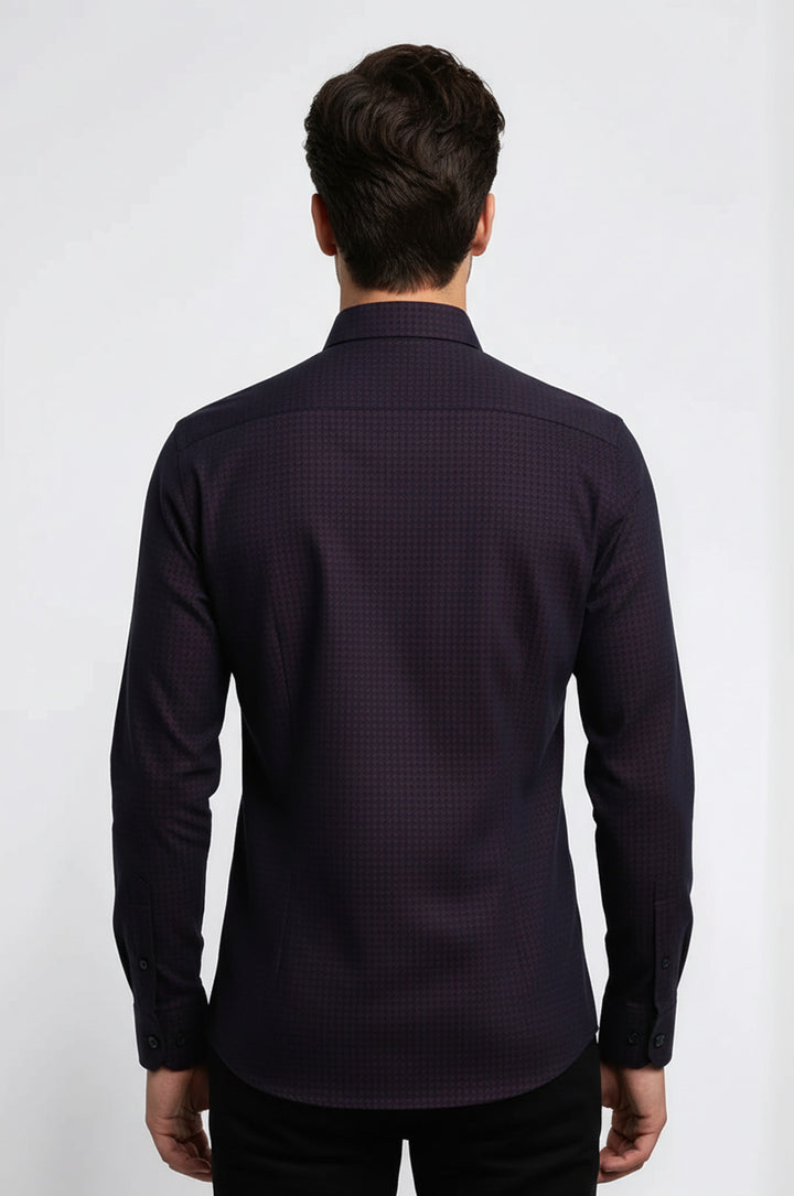 Houndstooth Pattern Slim Fit Burgundy Men Shirt - Wessi