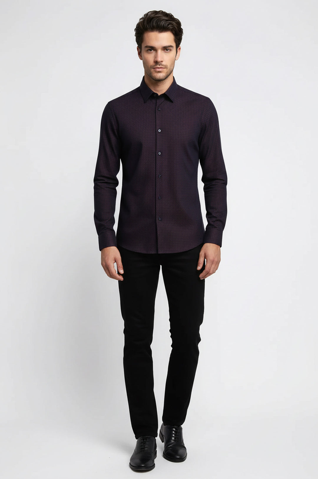 Houndstooth Pattern Slim Fit Burgundy Men Shirt - Wessi