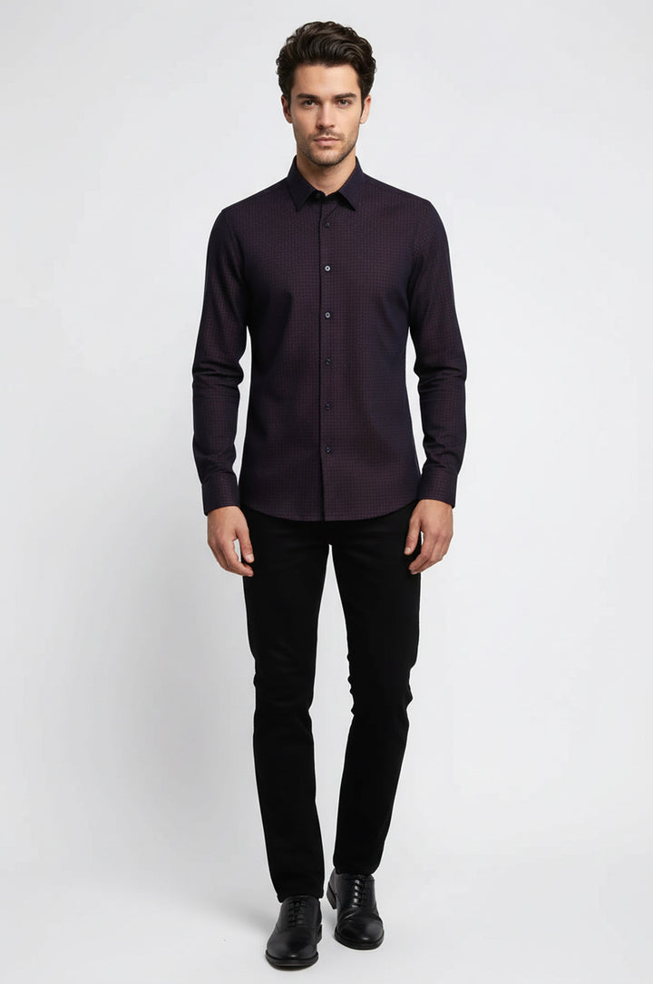 Houndstooth Pattern Slim Fit Burgundy Men Shirt - Wessi