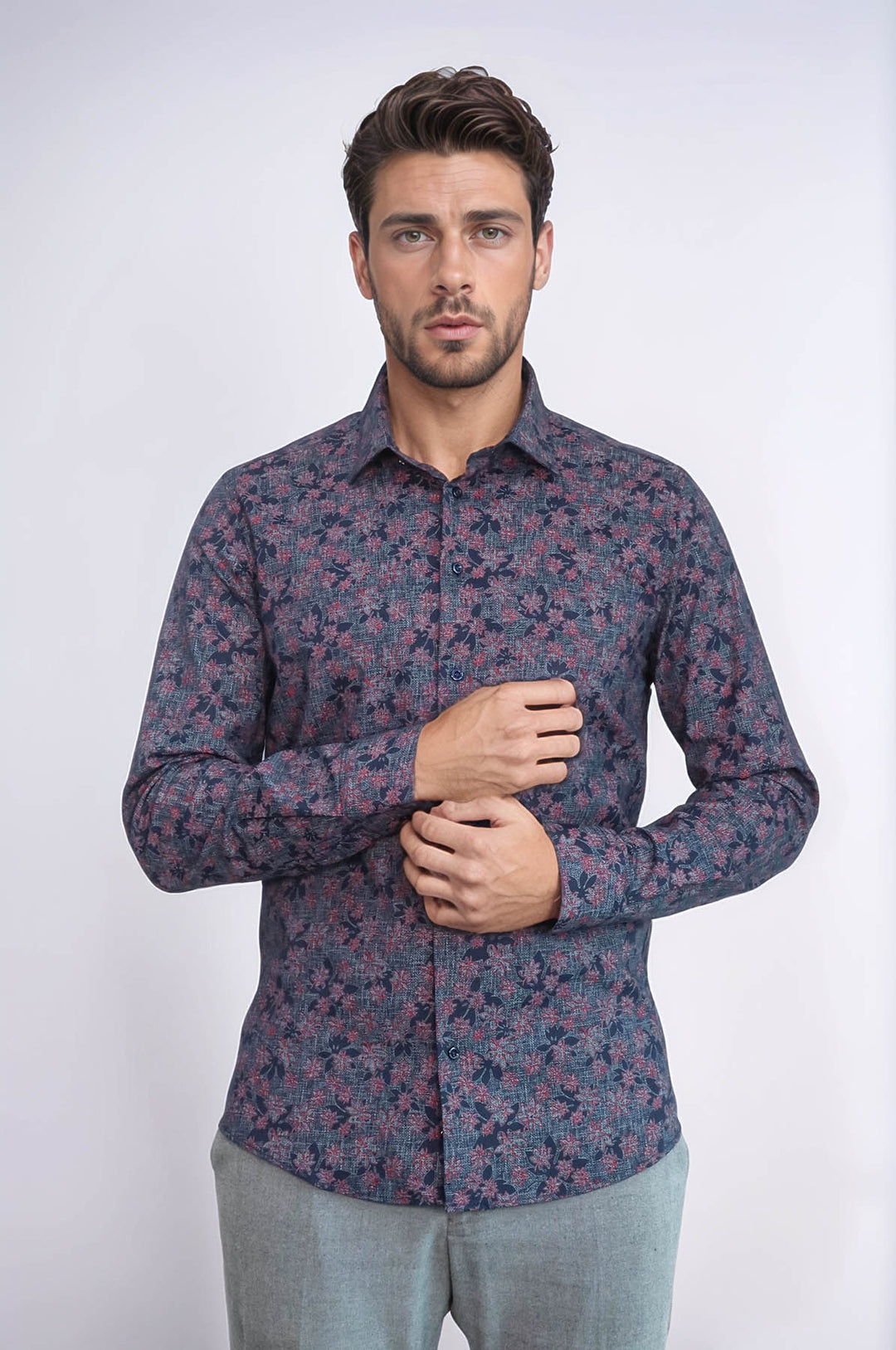 Bloom Patterned Slim Fit Navy Blue Men Shirt - Wessi