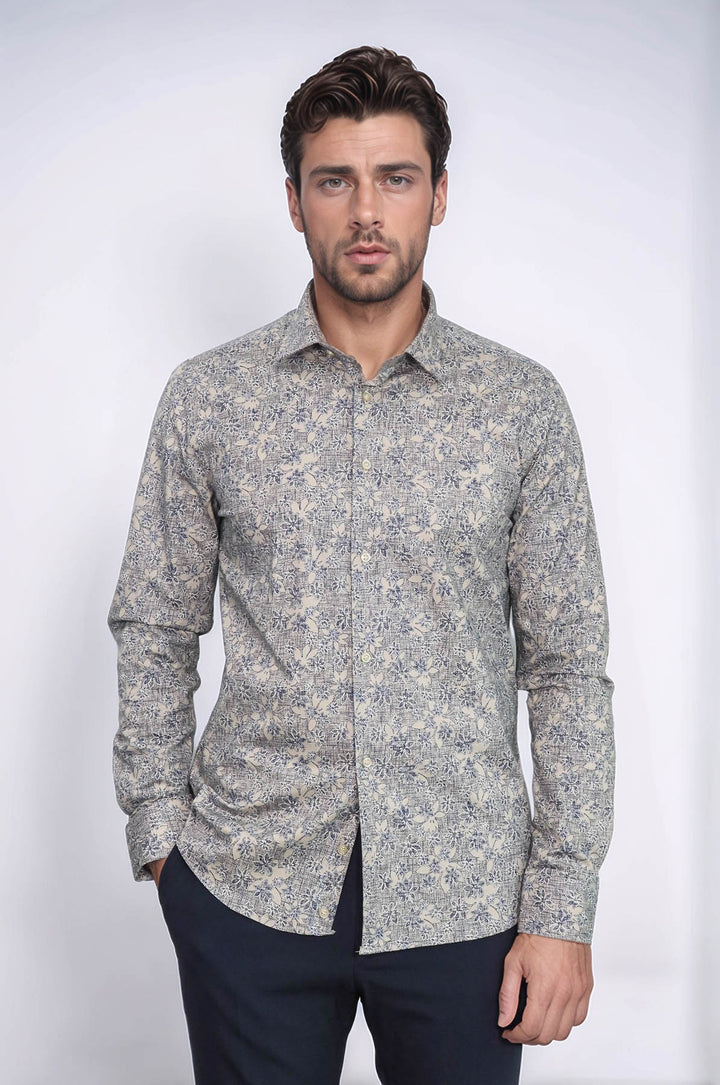 Bloom Patterned Beige Slim Fit Shirt - Wessi