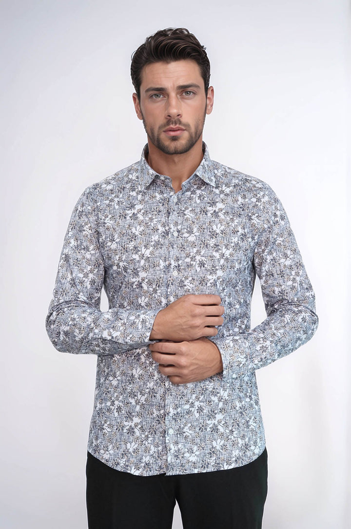 Bloom Patterned Grey Slim Fit Shirt - Wessi