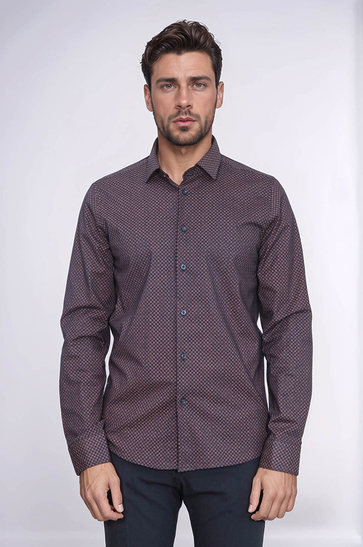 Brown Tiny Check Patterned Slim Fit Shirt - Wessi