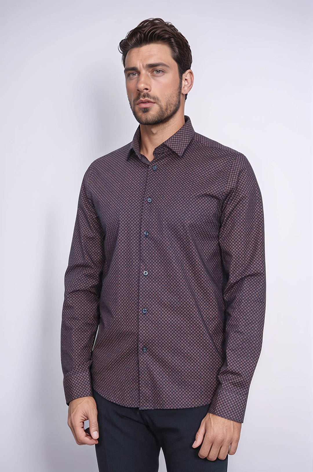 Brown Tiny Check Patterned Slim Fit Shirt - Wessi
