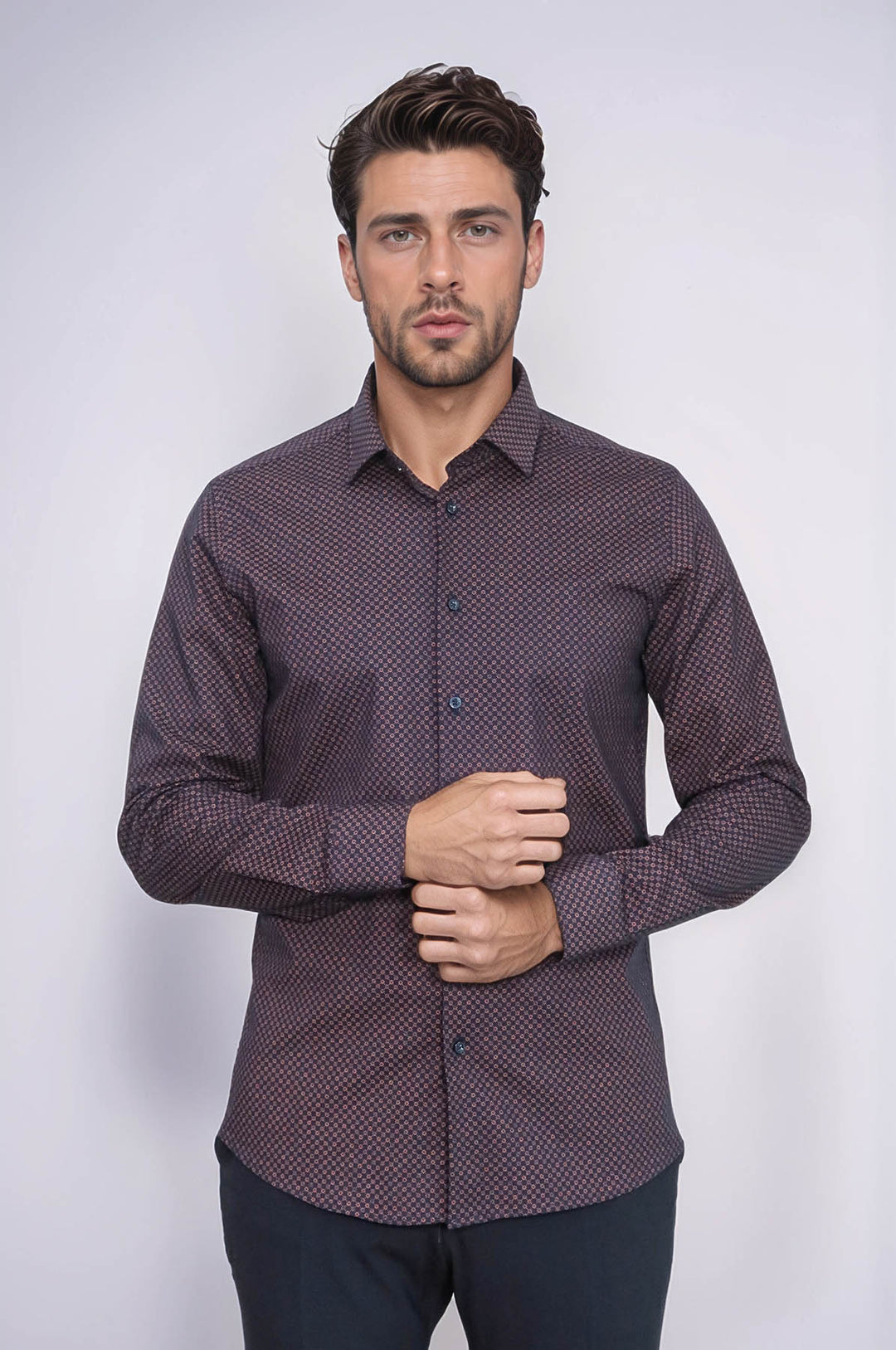 Brown Tiny Check Patterned Slim Fit Shirt - Wessi