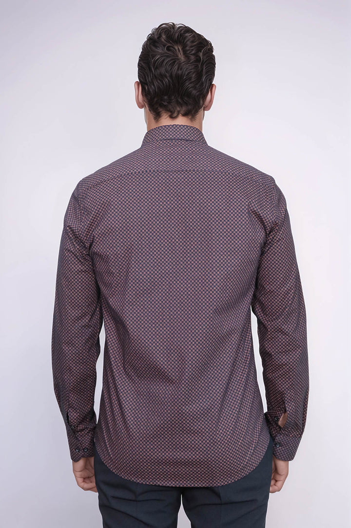 Brown Tiny Check Patterned Slim Fit Shirt - Wessi