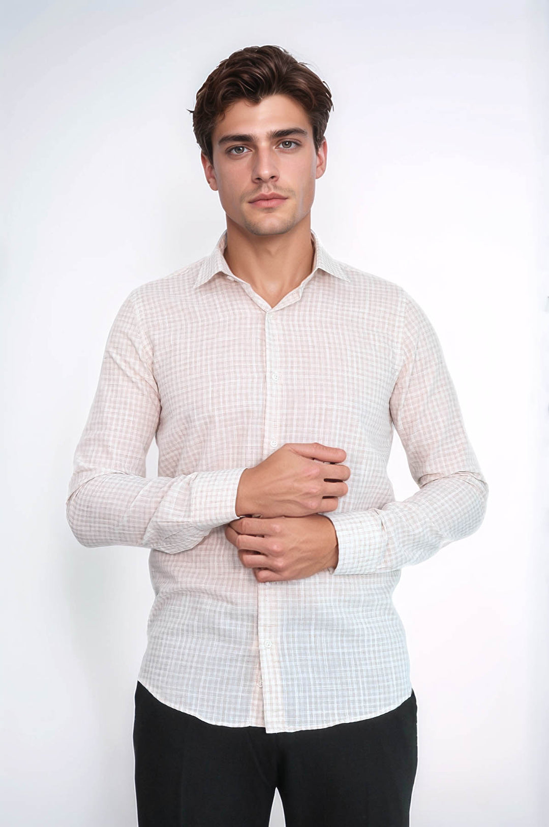 Plaid Slim Fit Light Brown Men Shirt - Wessi