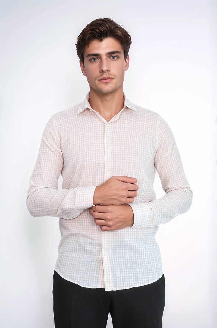 Plaid Slim Fit Light Brown Men Shirt - Wessi