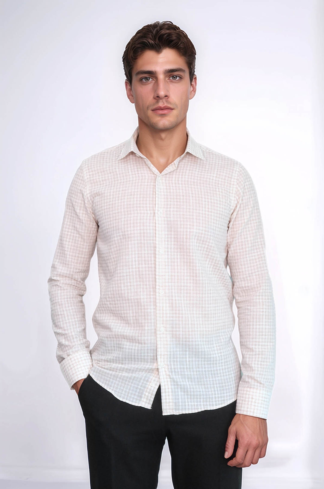 Plaid Slim Fit Light Brown Men Shirt - Wessi