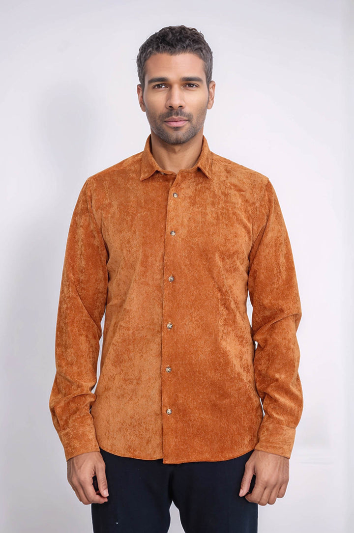 Camisa de terciopelo de manga larga marrón para hombre - Wessi
