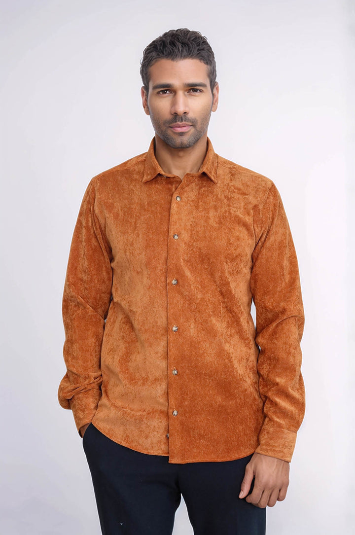 Camisa de terciopelo de manga larga marrón para hombre - Wessi