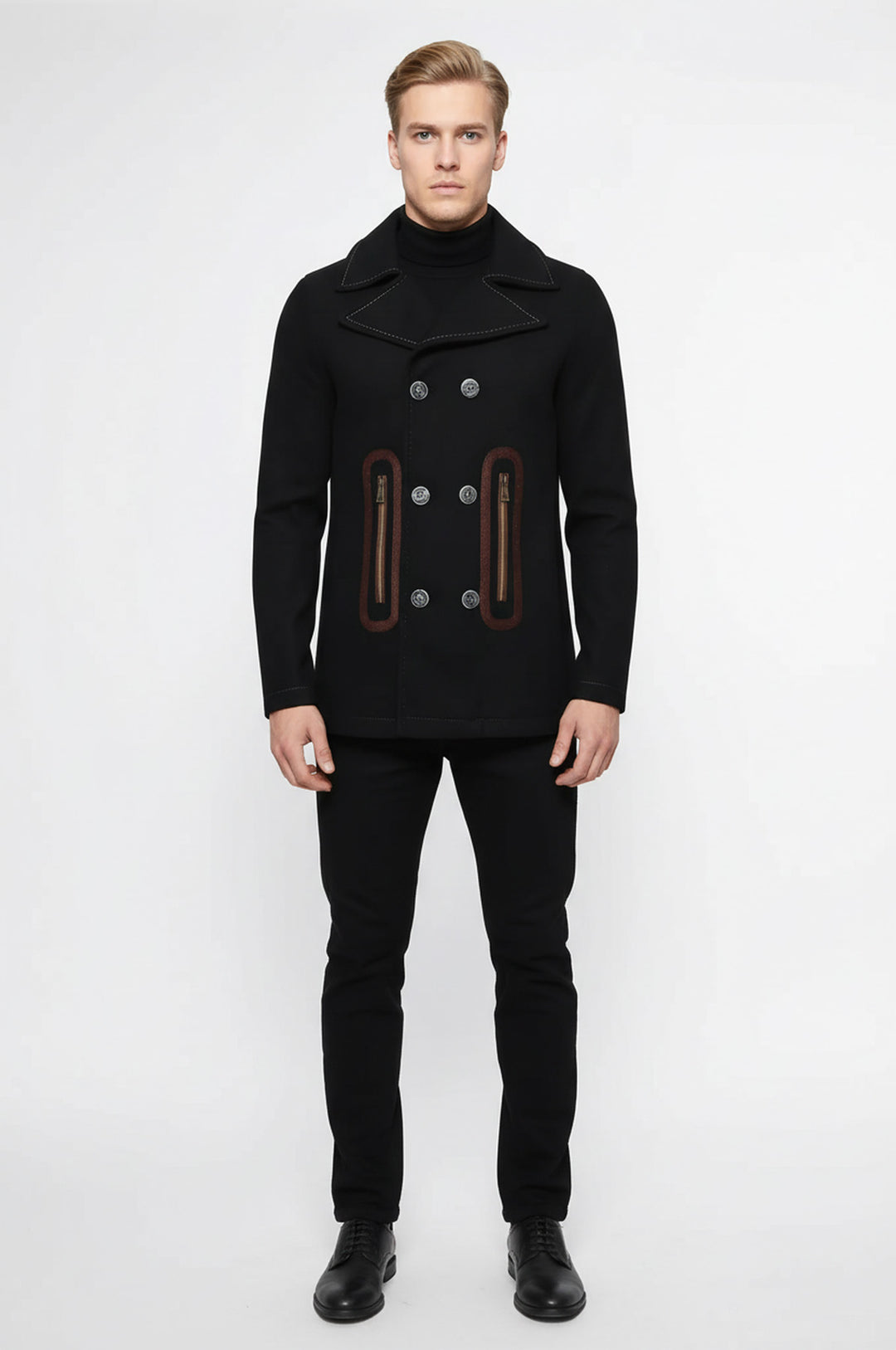 Pocket Edge Embroidered 6 Buttons Brown Coat-Wessi