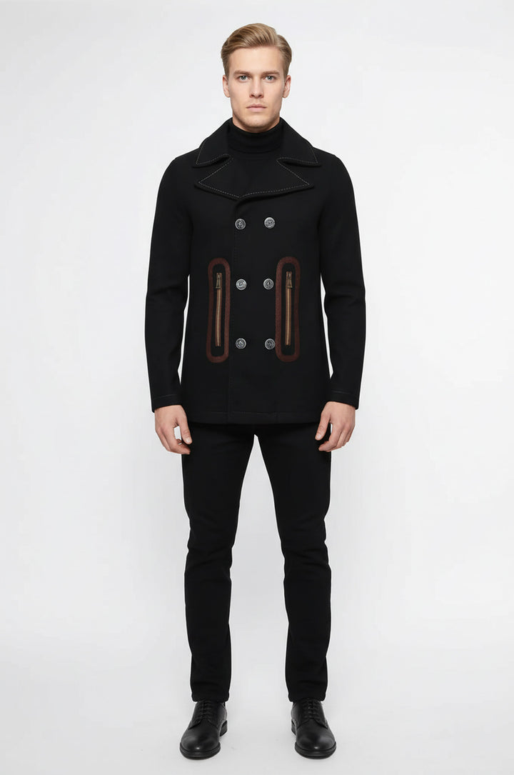 Pocket Edge Embroidered 6 Buttons Brown Coat-Wessi