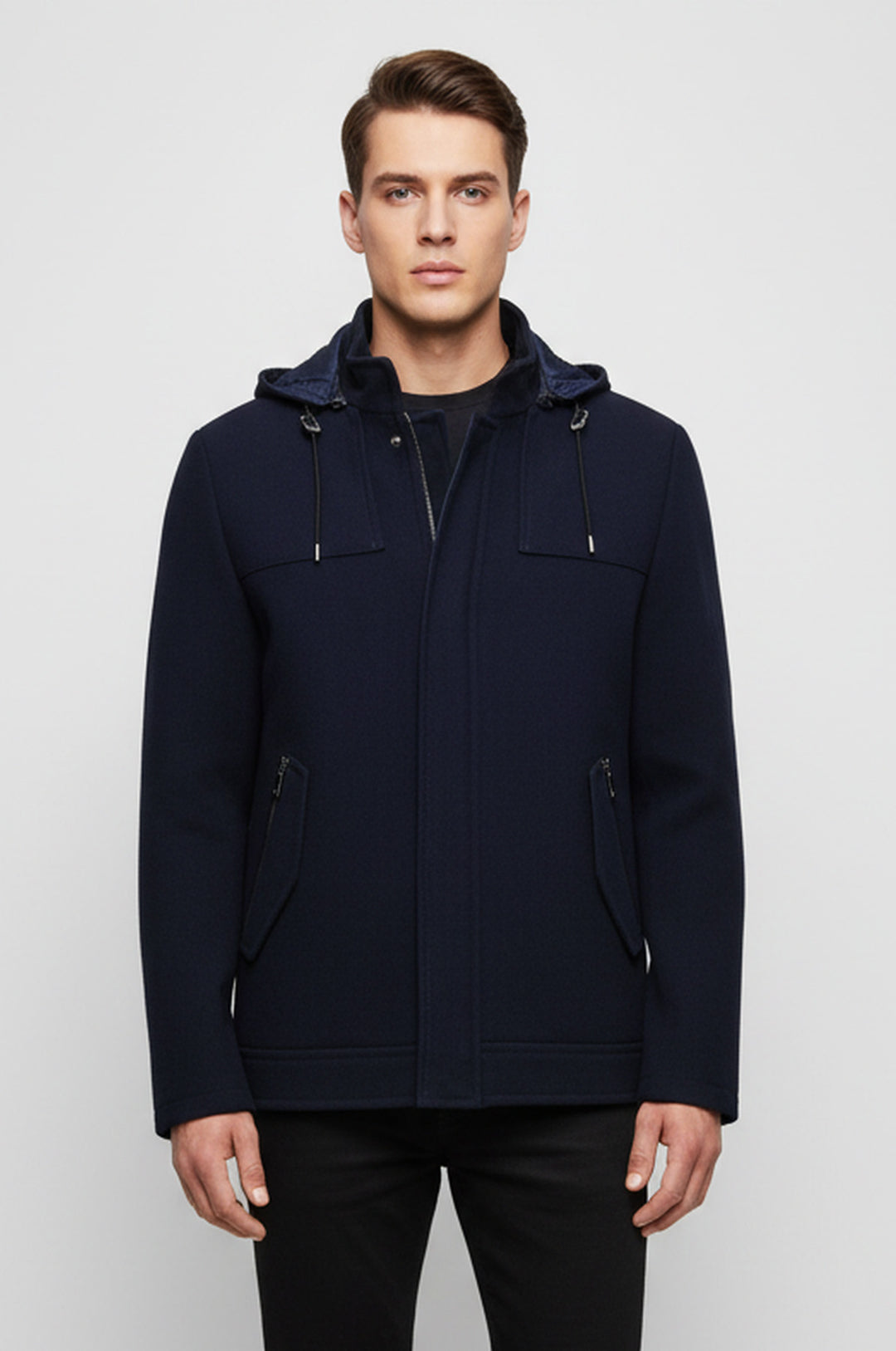 Zippered Sleeve Hooded Blue Men Coat - Wessi