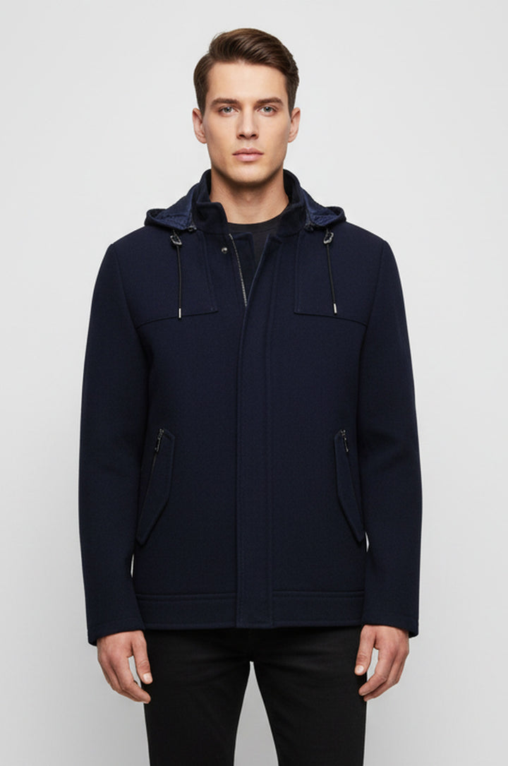 Zippered Sleeve Hooded Blue Men Coat - Wessi